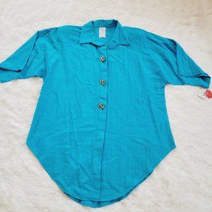 Peter Popovitch Button Up Blouse Large Blue Collared Tunic Top Shirt NWT 12802